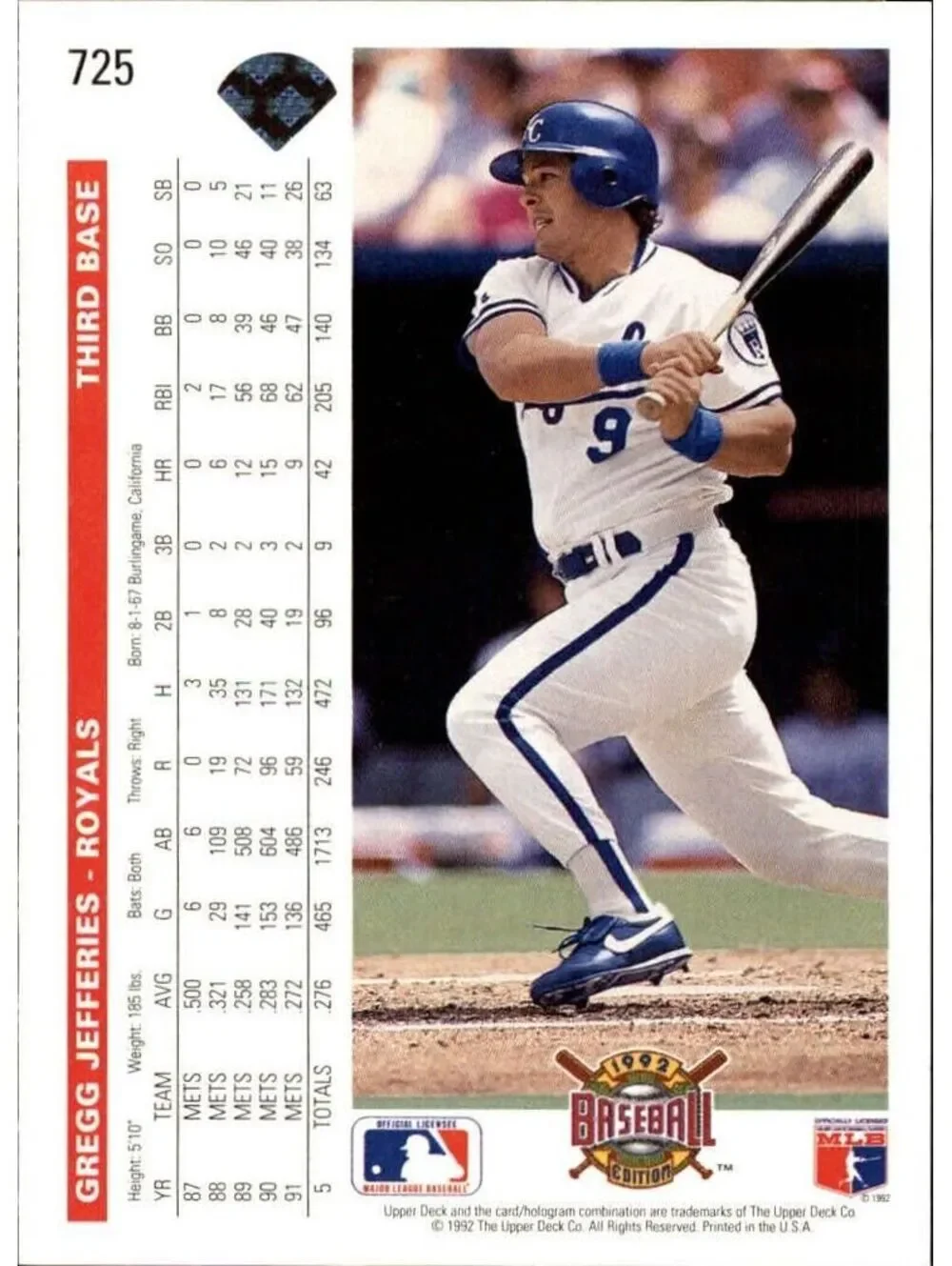 Gregg Jefferies 1992 Upper Deck MLB #725 Baseball Card Kansas City Royals